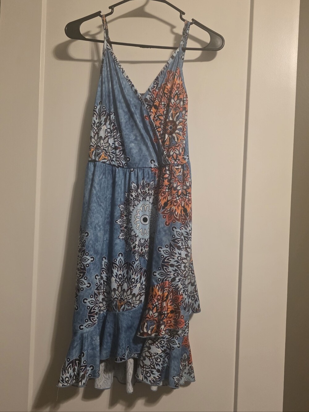 Blue Floral Wrap Sundress with Orange Accents